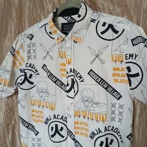 Naruto Shippuden AOP Button Shirt Men's Medium White Ninja Academy Hidden Leaf*
